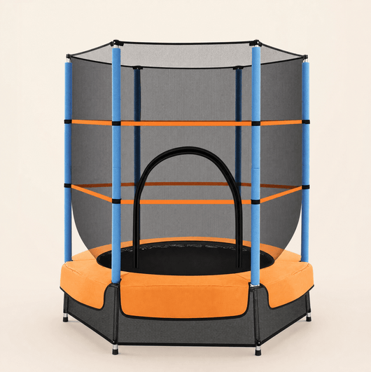 Cubby & Co kids trampoline with safety net and orange padded frame