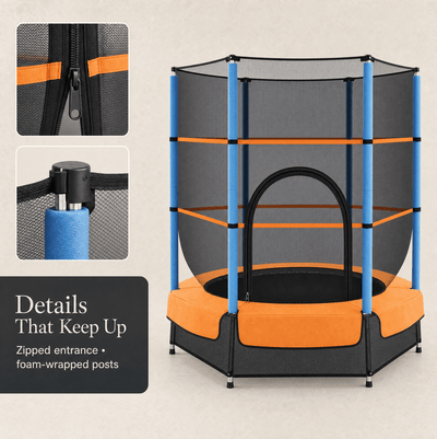 Kids trampoline with padded poles and protective safety enclosure