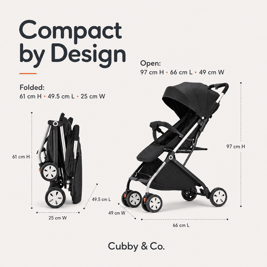 Compact travel stroller with slim fold for easy transport and travel