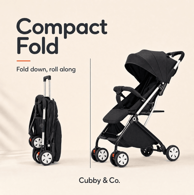 Cubby & Co foldable travel stroller folded for compact storage